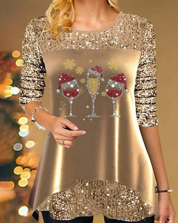 Christmas Printed Round Neck Long Sleeve T-Shirt Top