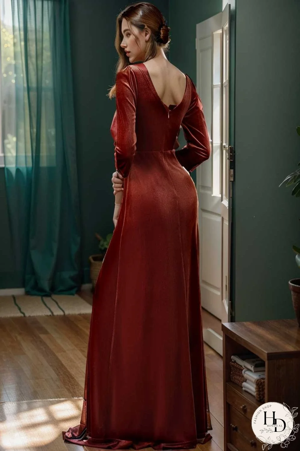 velvet 3 4 length sleeve illusion v neck front slit evening dress