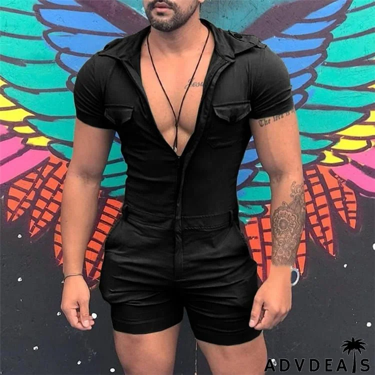 S-5XL Men Fashion Solid Color Zipper Short Sleeve Rompers