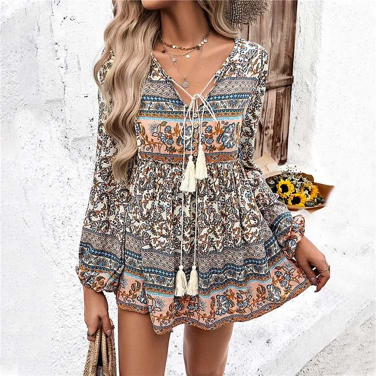 Long Sleeve V-Neck Tied Casual Loose Printing Blouse