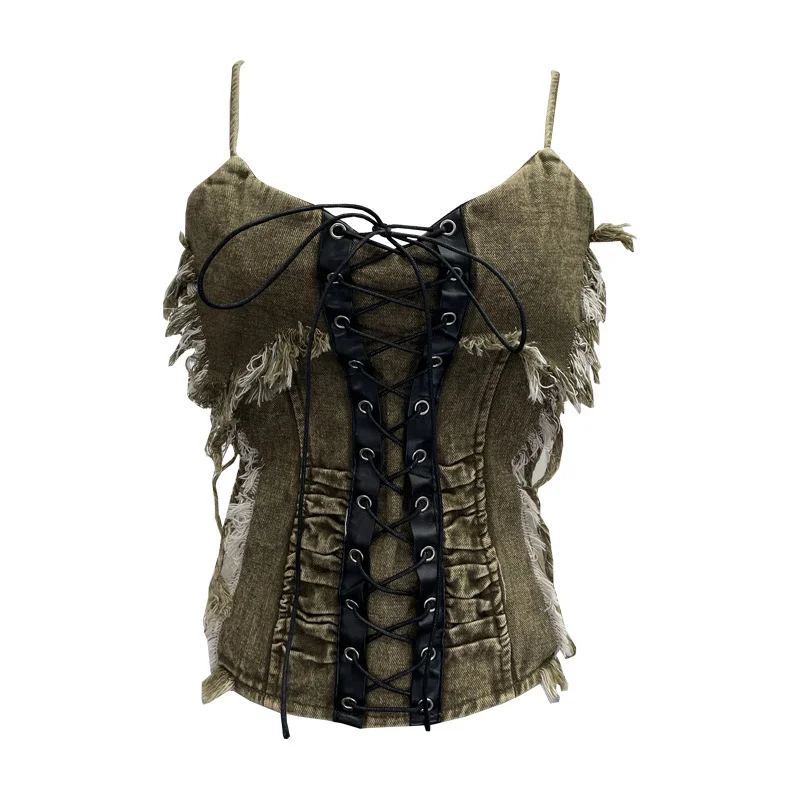 Uveng Real Shooting Do The Old Fur Side Of The Denim Splicing Pu Skin Lace Sling Vest Short Without Sleeve Top 618