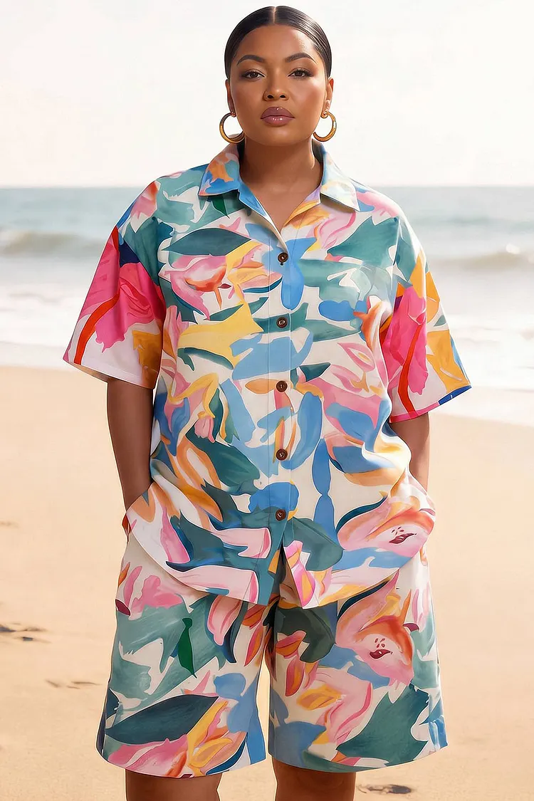 Xpluswear Design Plus Size Vacation Multicolor All Over Print Shirt Collar Short Sleeve Pocket Button Two Piece Short Sets [Pre-Order] 2024 - Xpluswear