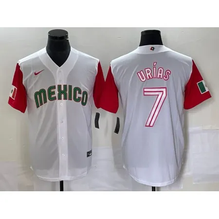 Men's Mexico Baseball #7 Julio Urias 2023 White Red World Baseball With Patch Classic Stitched Jersey 9M1N