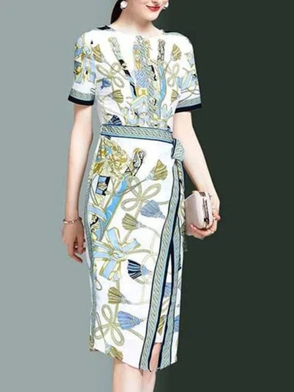 Bateau/boat Neck White-Green Dresses Sheath Daily Paneled Dresses