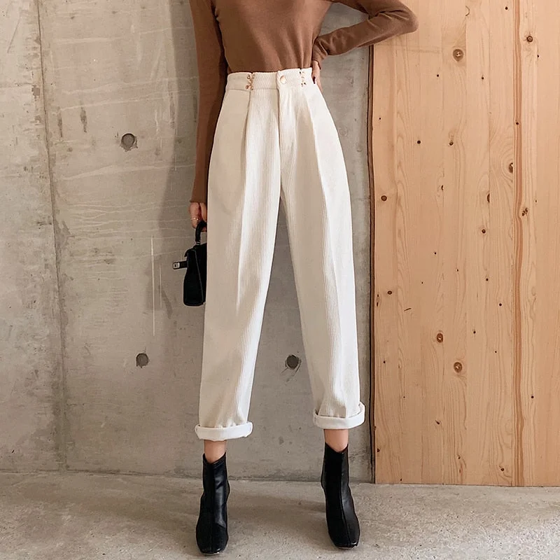 Spring New Women's Harem Pants Corduroy High Waist Pants Vintage Casual Slim Female Trousers