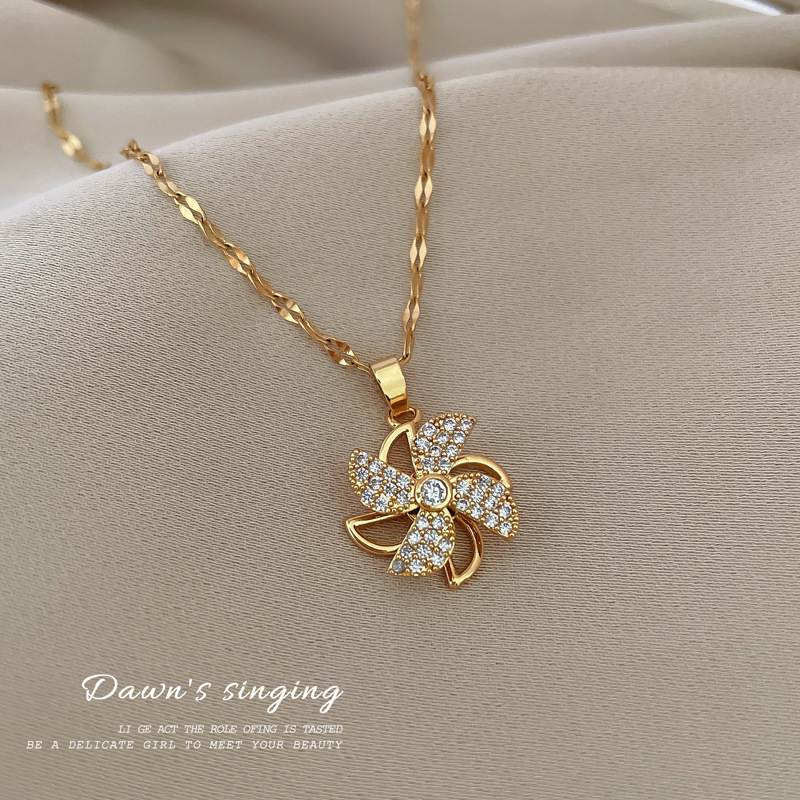 Rotating Windmill Hollow Full Diamond Gorgeous Full Diamond Necklace Women’S Versatile Clavicle Chain Titanium Steel