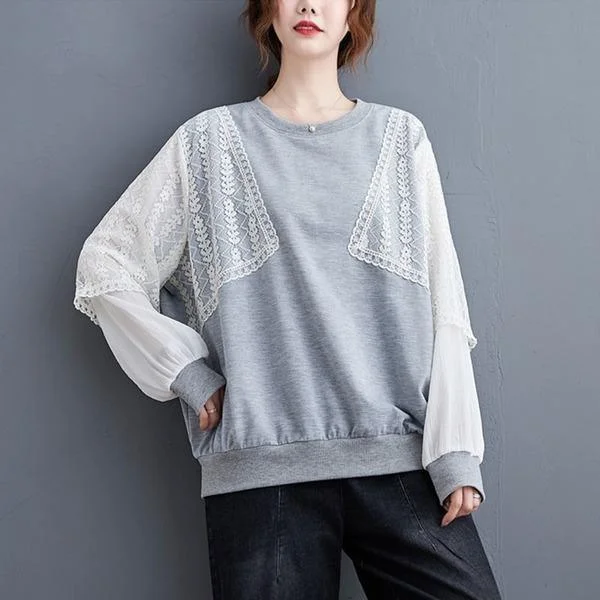 Oversized Women Casual Sweatshirt New Patchwork Lace Loose Female Pullovers Tops