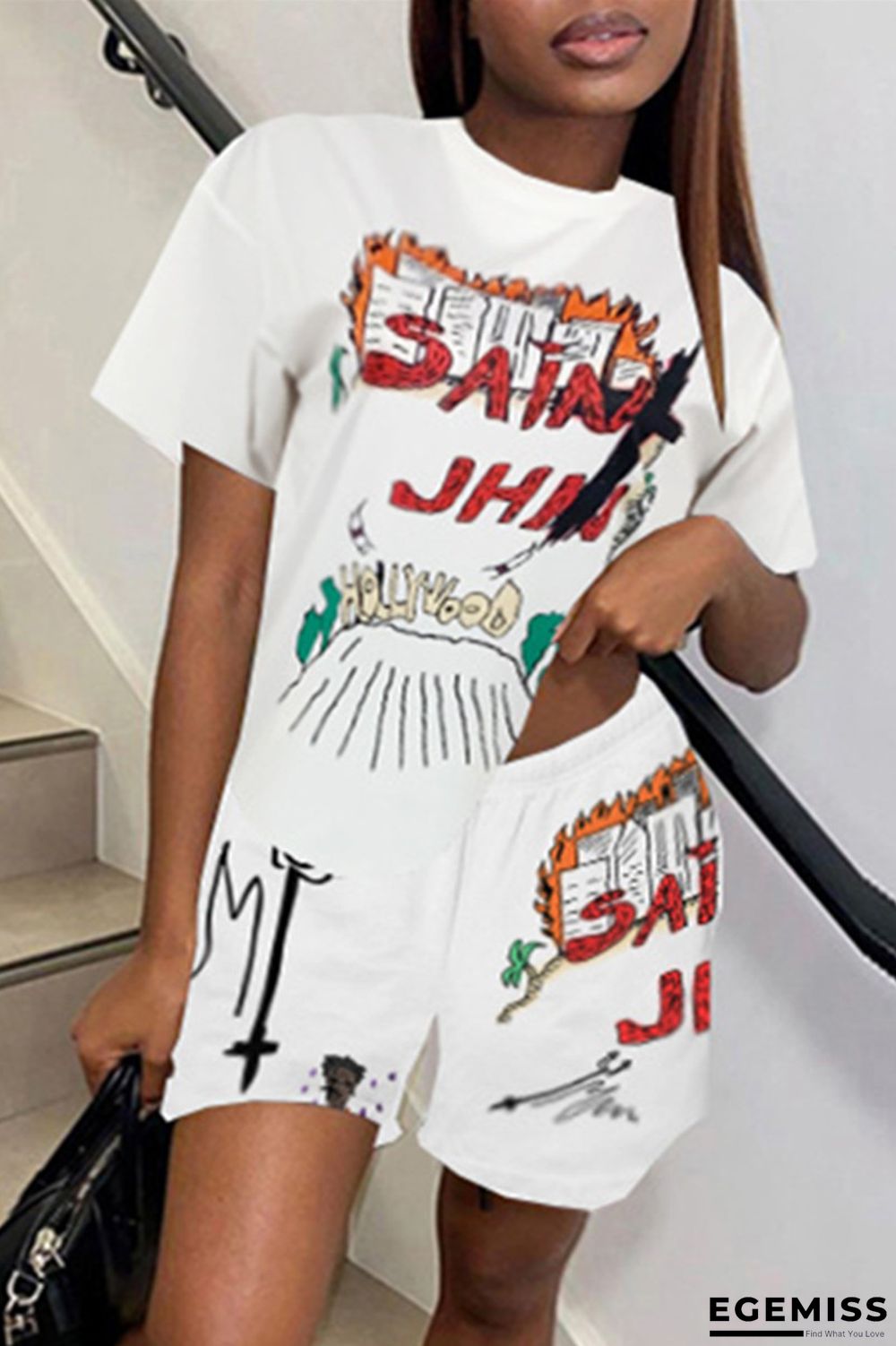 White Fashion Casual Print Basic O Neck Short Sleeve Two Pieces | EGEMISS