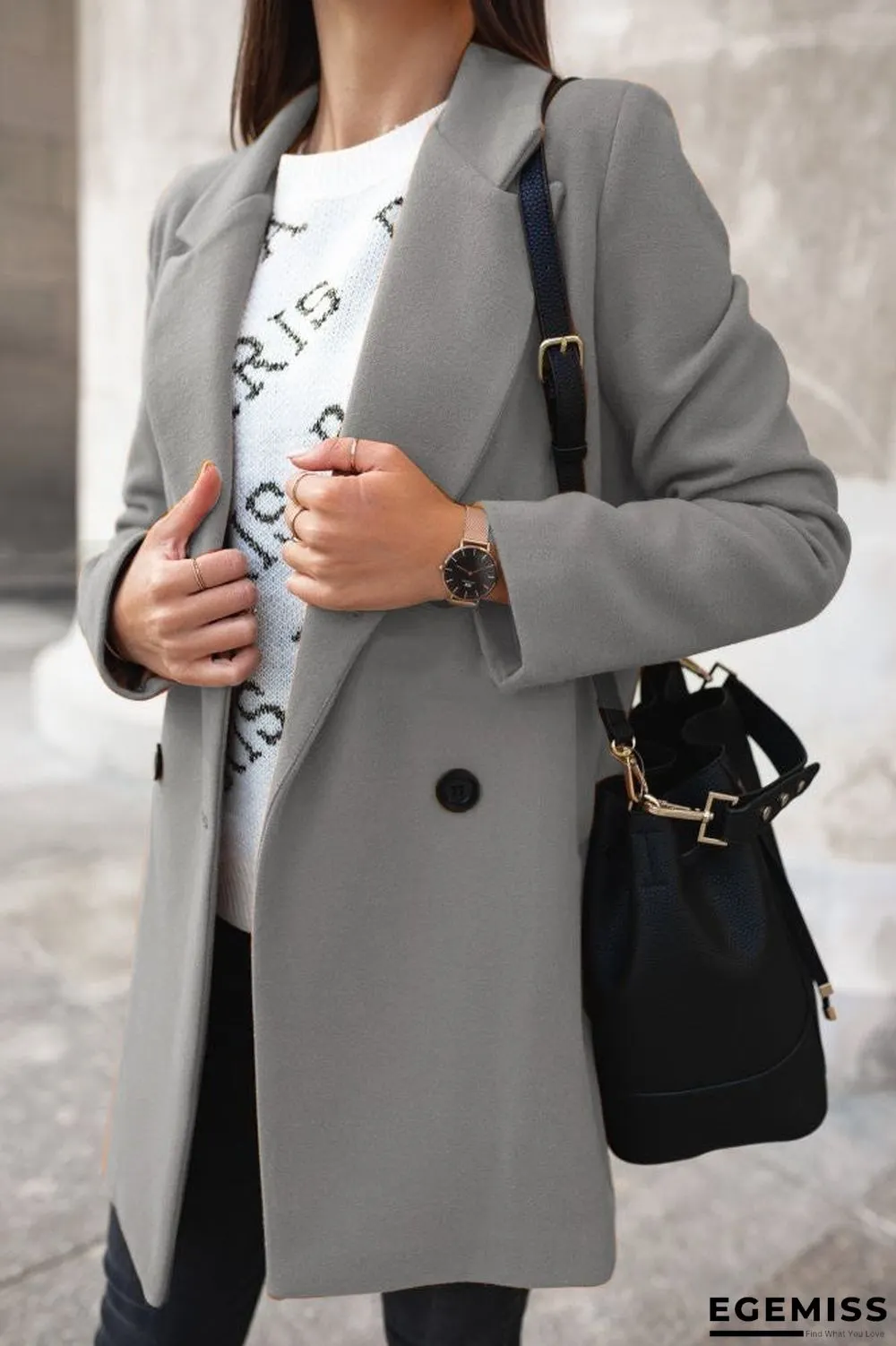 Autumn and Winter Solid Color Long Sleeve Double-row Button Suit Collar Woolen Coat Women | EGEMISS