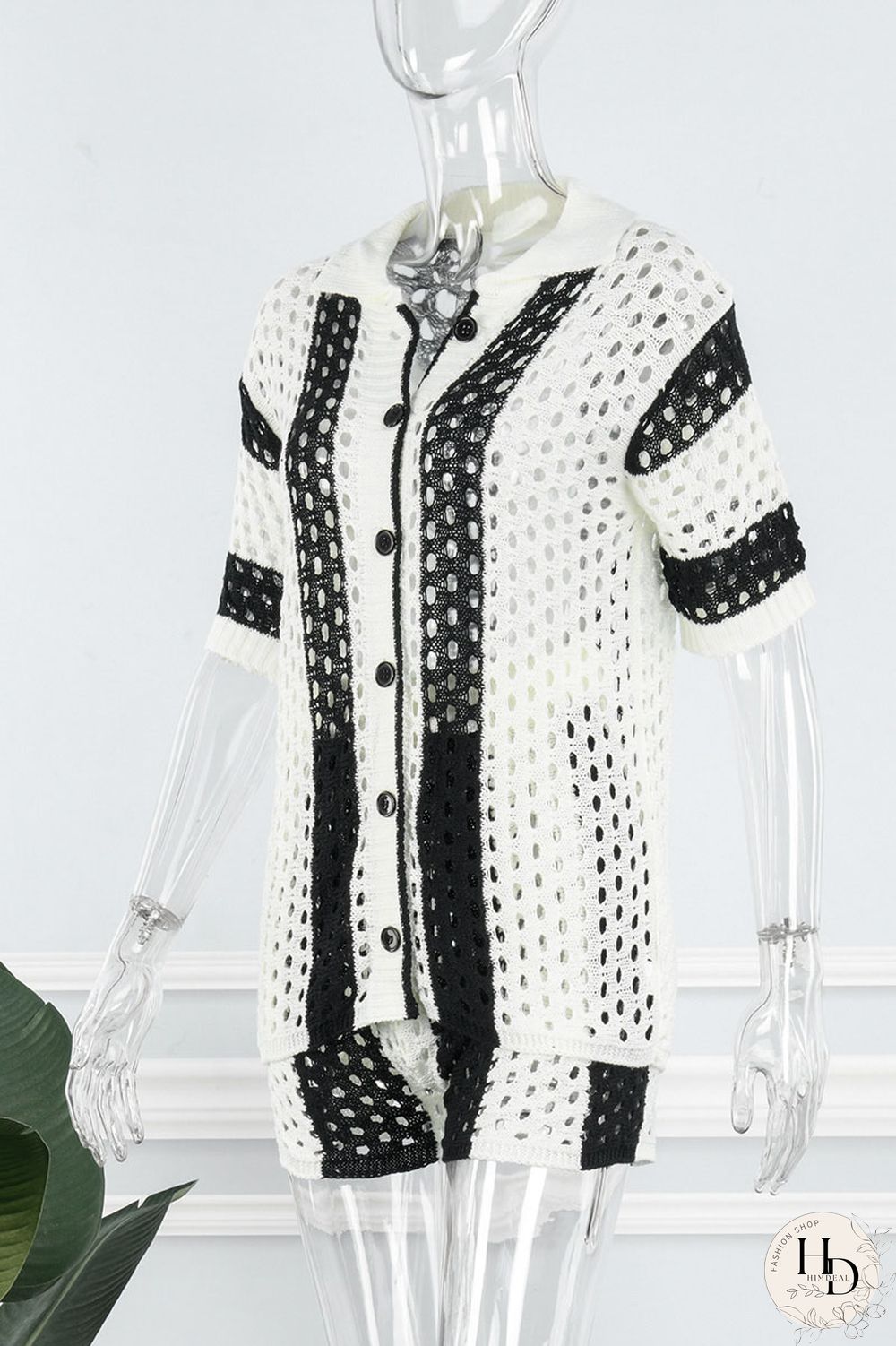 Rose Red Sexy Hollowed Out Patchwork Buckle Turndown Collar Short Sleeve Two Pieces