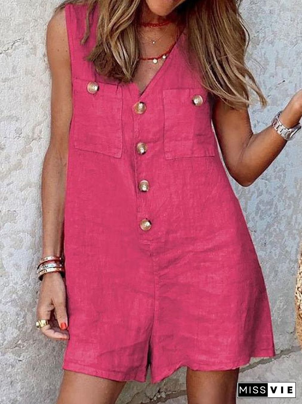 Women'S Jumpsuits V-Neck Button Pocket Sleeveless Jumpsuit