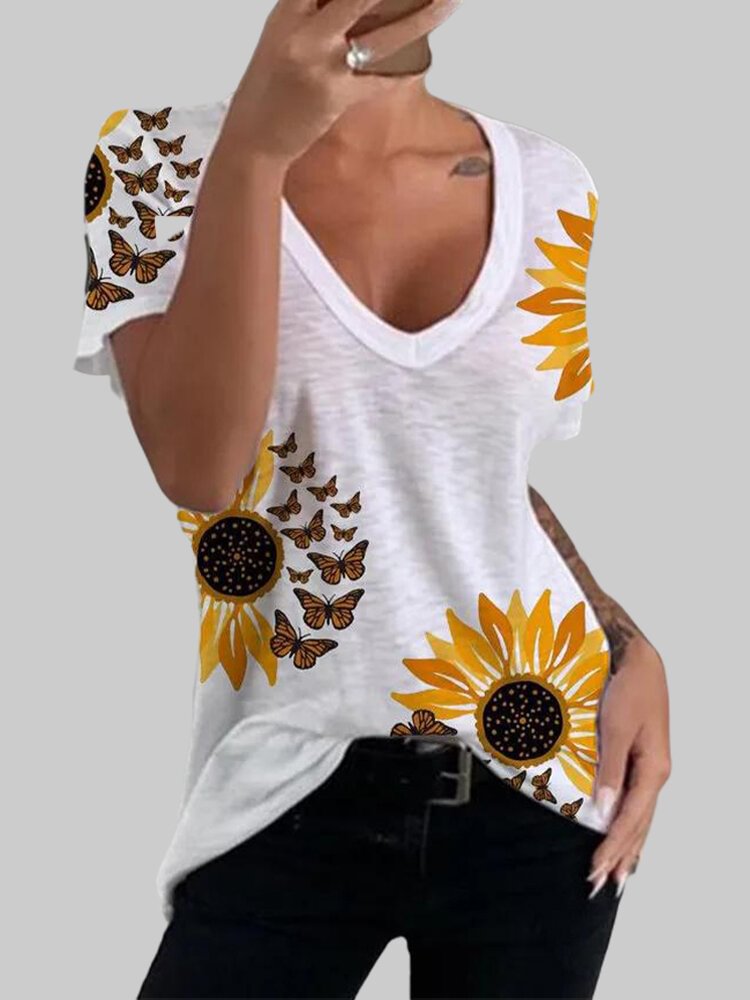 Sunflower Butterflies Print Short Sleeve V neck T shirt For Women P1693563