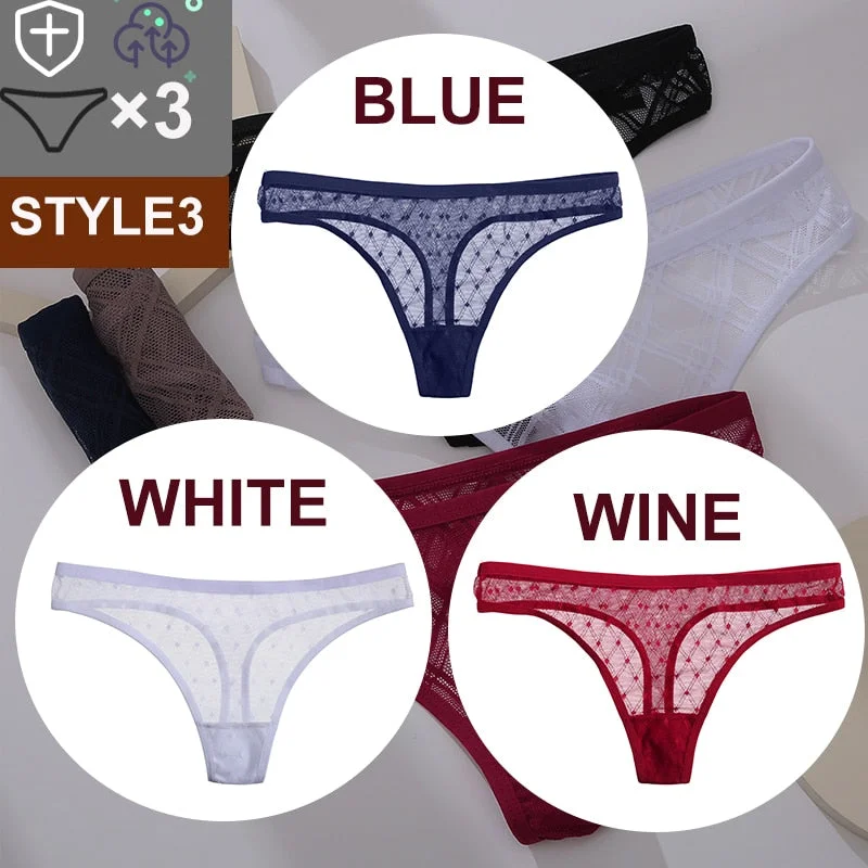 FINETOO 3PCS/Set Sexy Floral Transparent Women Thongs G-string Lingerie Lace Panties Low-Waist Femme Girls Briefs Mesh Pantys