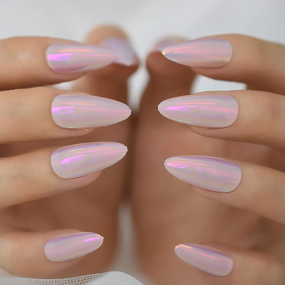Glossy Purple Nude Ombre Fake Nails Medium Length Almond Chrome Press On Nails Gorgeous Gradient Shade Full Cover False Nail Tip-Nail Inspo