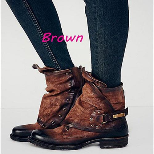 VCSHOES Leather Chunky Heel Buckle Round Toe Ankle Boots