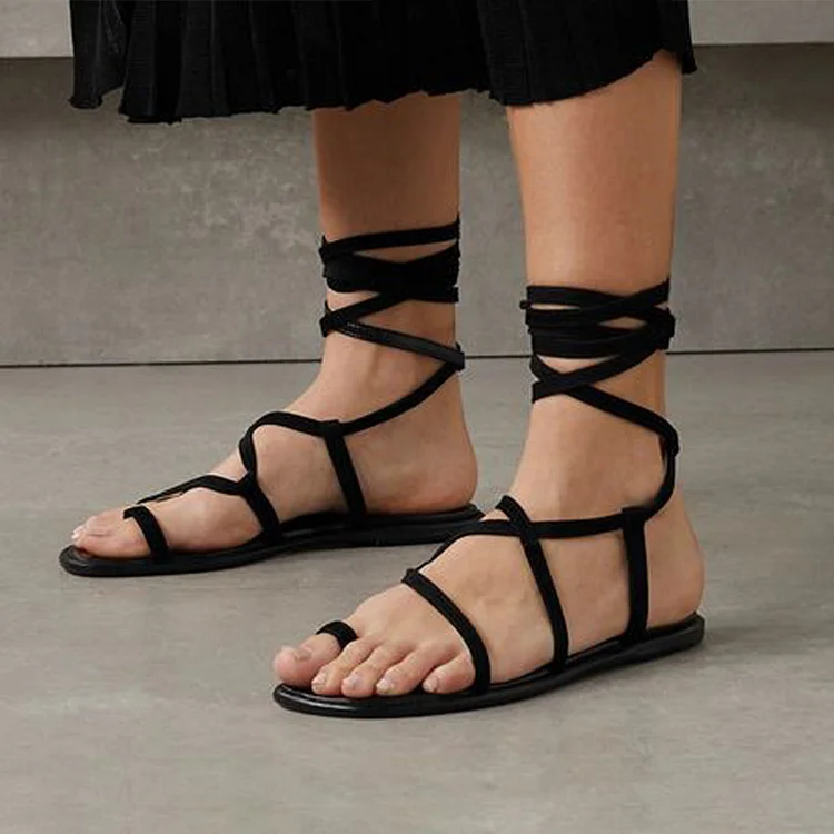 Casual Black Square Toe Flats Women'S Summer Wrapped Sandal Beach Flat Shoes |FSJ Shoes