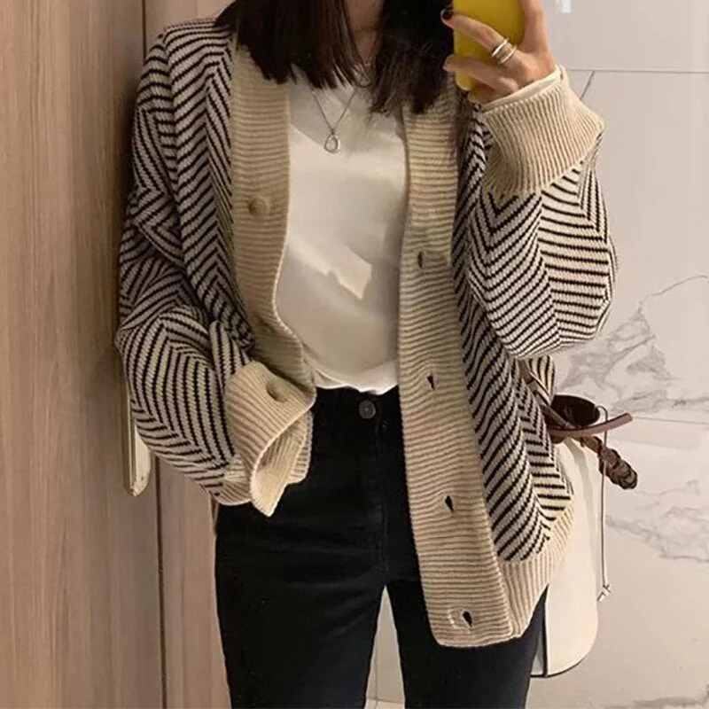 Knitted Cardigan Women Casual Oversize Striped Sweater Female Loose Cardigan Tops Button Up V Neck Patchwork Casaco Feminino
