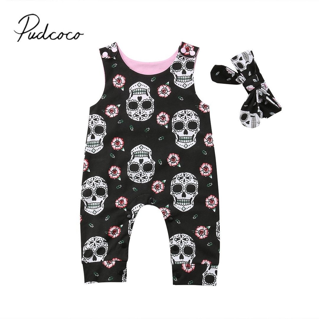2018 Brand New Halloween Casual Infant Baby Boy Girl Skull Romper Sleeveless Pattern Black Cotton Jumpsuit Romper+Headband 0-18M