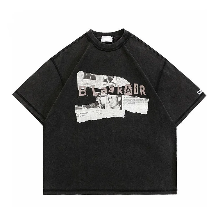 Hip Hop Harajuku Washed Streetwear Newspaper T-Shirt at Hiphopee