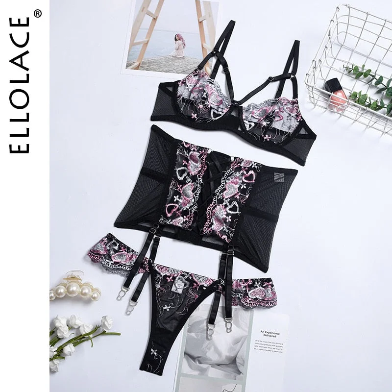 Ellolace Sensual Lingerie Woman Erotic Women's Underwear Fancy Bra with Bones Brief Sets Bandage Waistband Sexy Bilizna Set 530-1