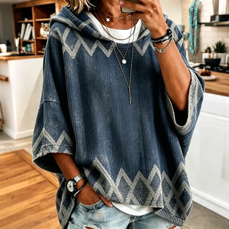 Women's Boho Western Diamond Geometric Print Hooded Sweatshirt