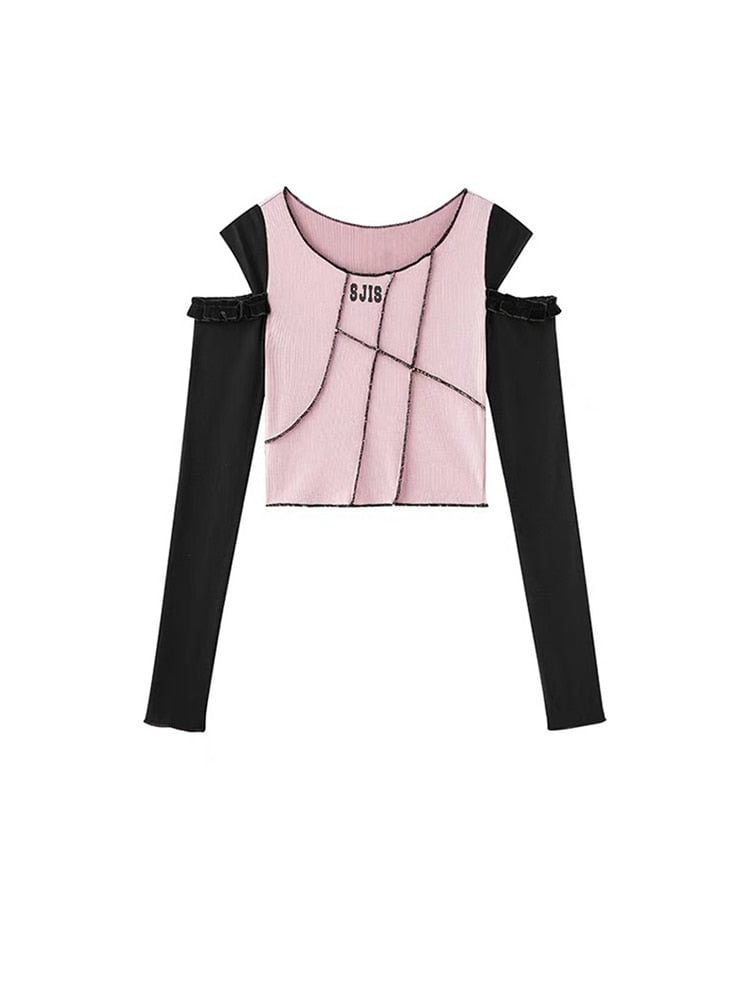 Korean Patchwork O-neck T-shirts E-girl Party Long Sleeve Y2k Printing Sweet Crop Tops Fashion Streetwear Blouse Spring Women