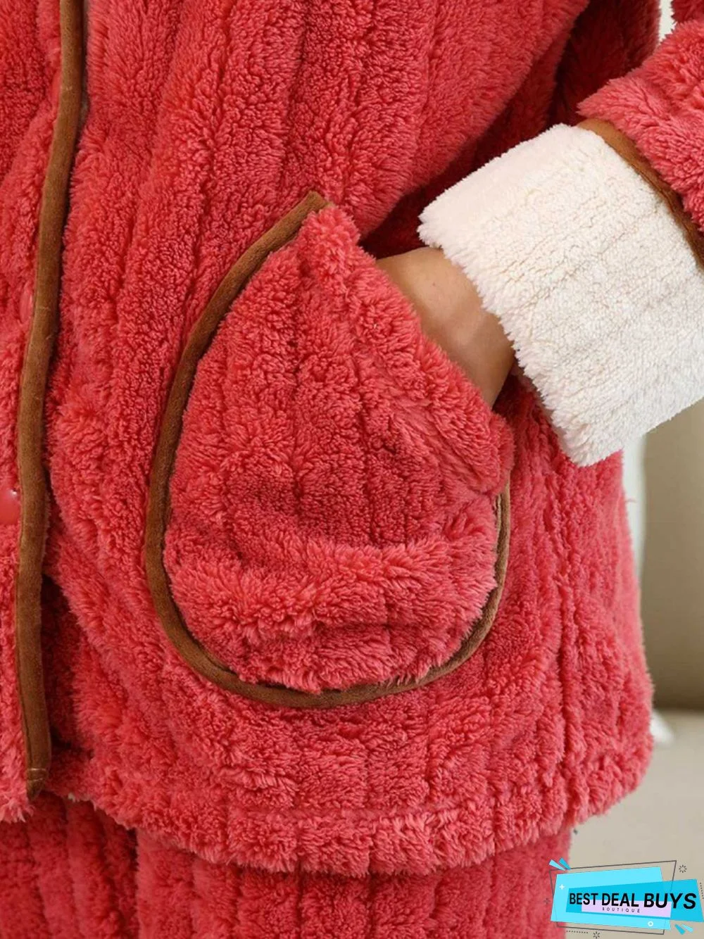 Colorblock Lapel Coral Fleece Home Warm Loose Plus Size Pajama Set