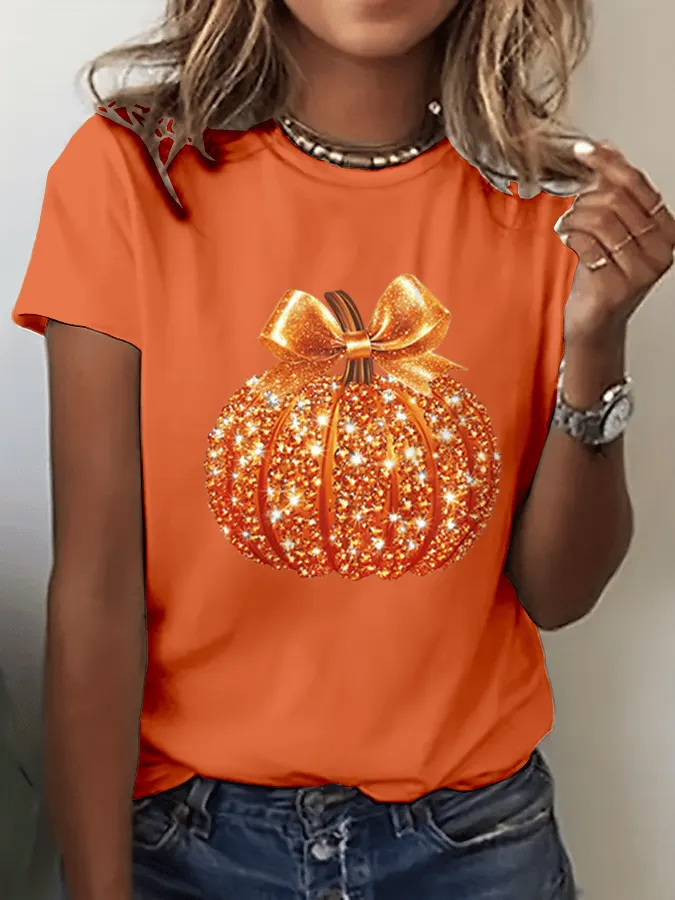 Women's Autumn Sequin Pumpkin Print Crew Neck T-Shirt 
