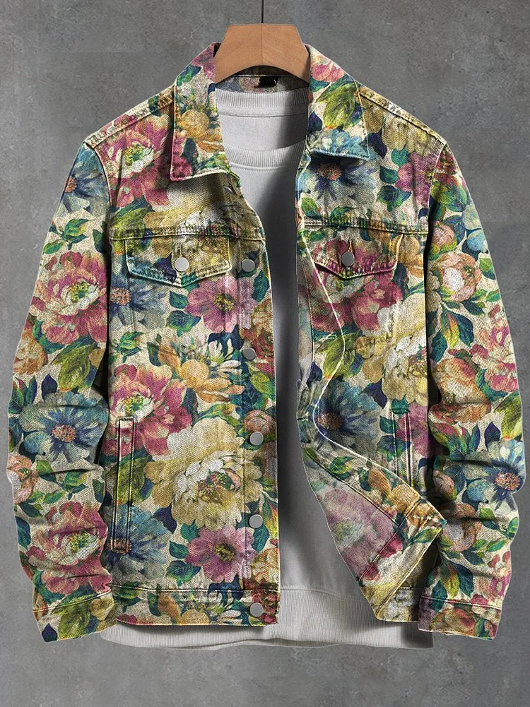 Vintage Floral Print Casual Denim Jacket