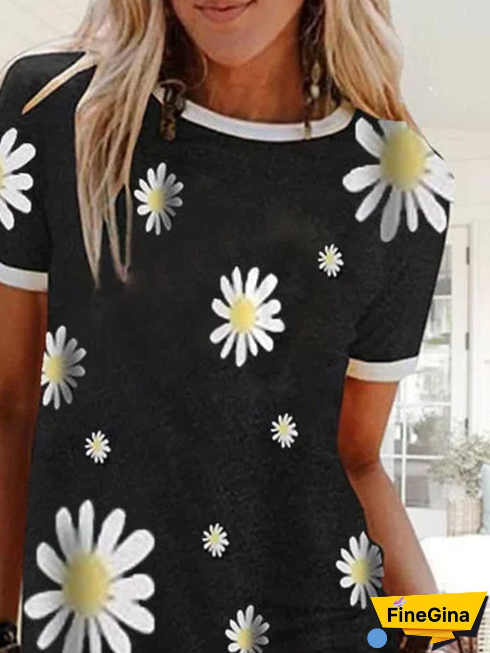 Black Cotton Round Neck Casual Printed T-shirt