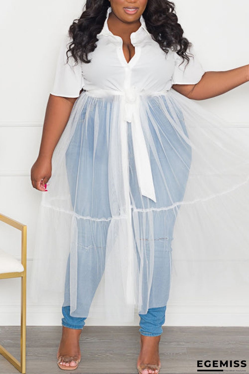 White Fashion Casual Plus Size Solid Patchwork See-through Turndown Collar Short Sleeve Dress | EGEMISS