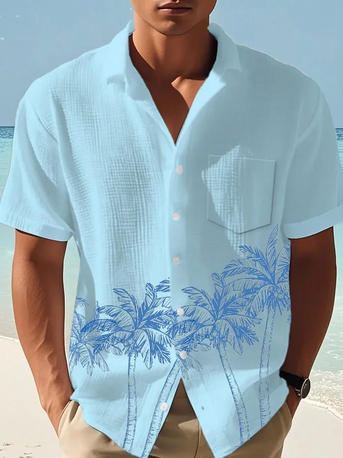 Men's Casual Vacation Waffle Plant Print Shirt (With Pockets) 