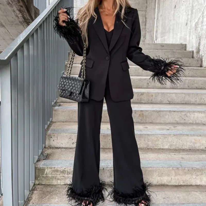 Womens Fashion Solid 2-Piece Sets Casual Long Sleeve Lapel One Button Blazer And Straight
