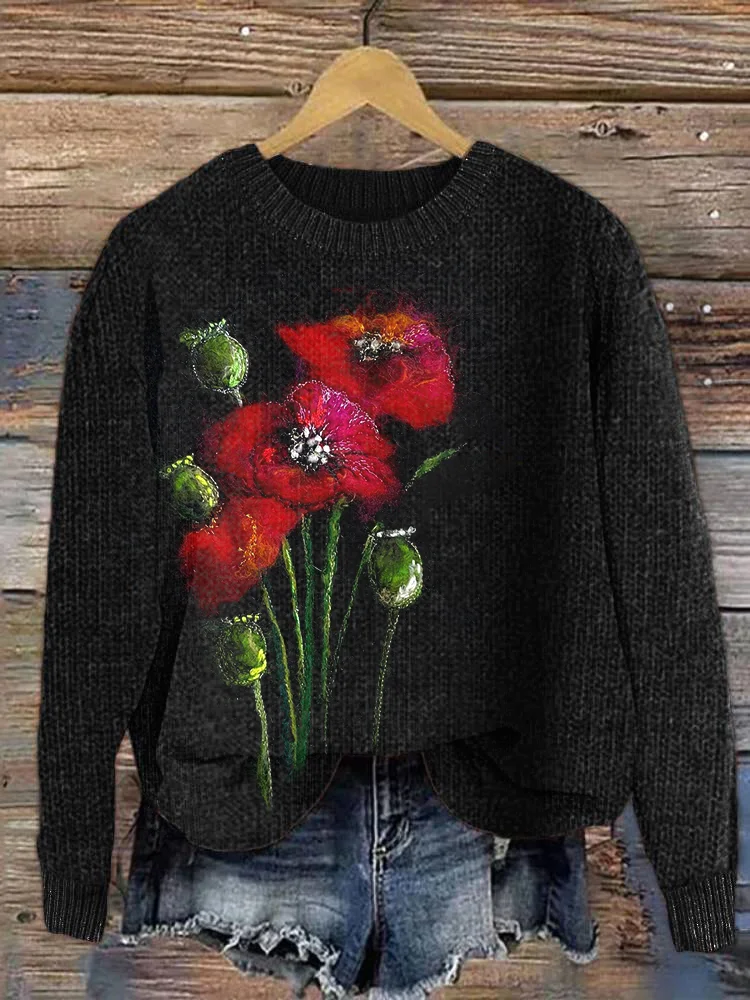 VChics Felt Art Poppy Flowers Casual Cozy Knit Sweater