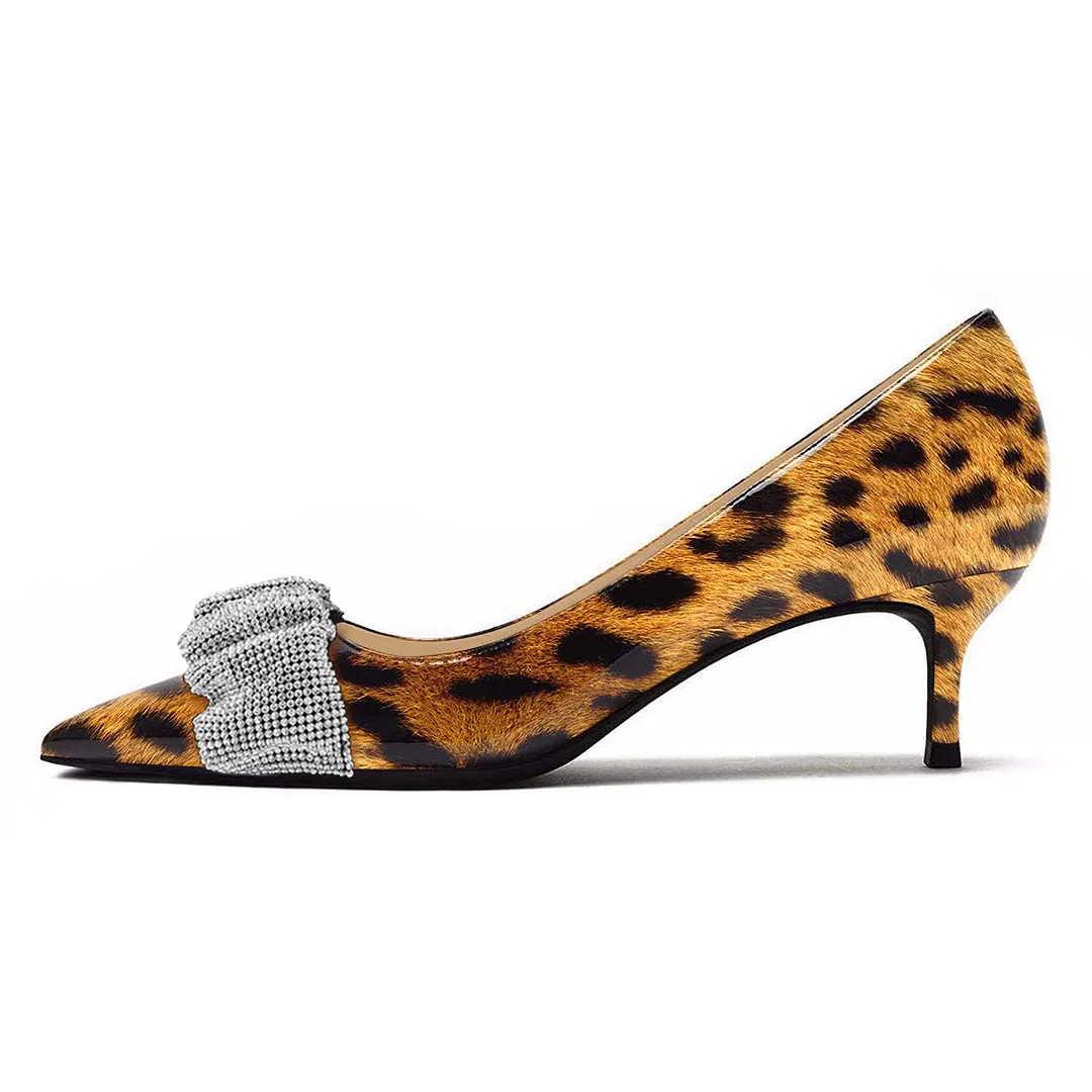 Leopard Printed Patent Leather Pointed Rhinestone Embellished Pumps
