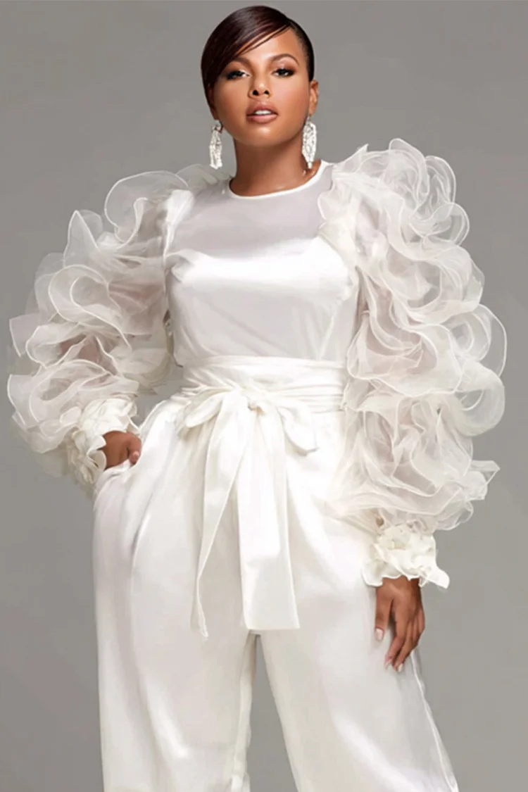 Xpluswear Design Plus Size Formal Tulle White Round Neck Long Sleeve Pocket Elegant 3D Satin Jumpsuits [Pre-Order]