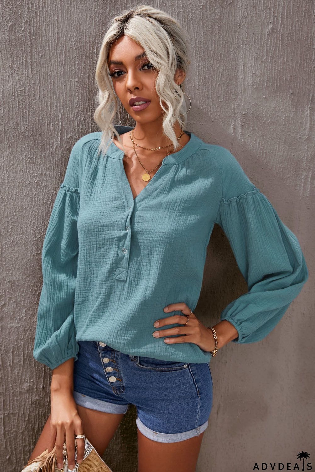 Casual Balloon Sleeve Crinkled Top