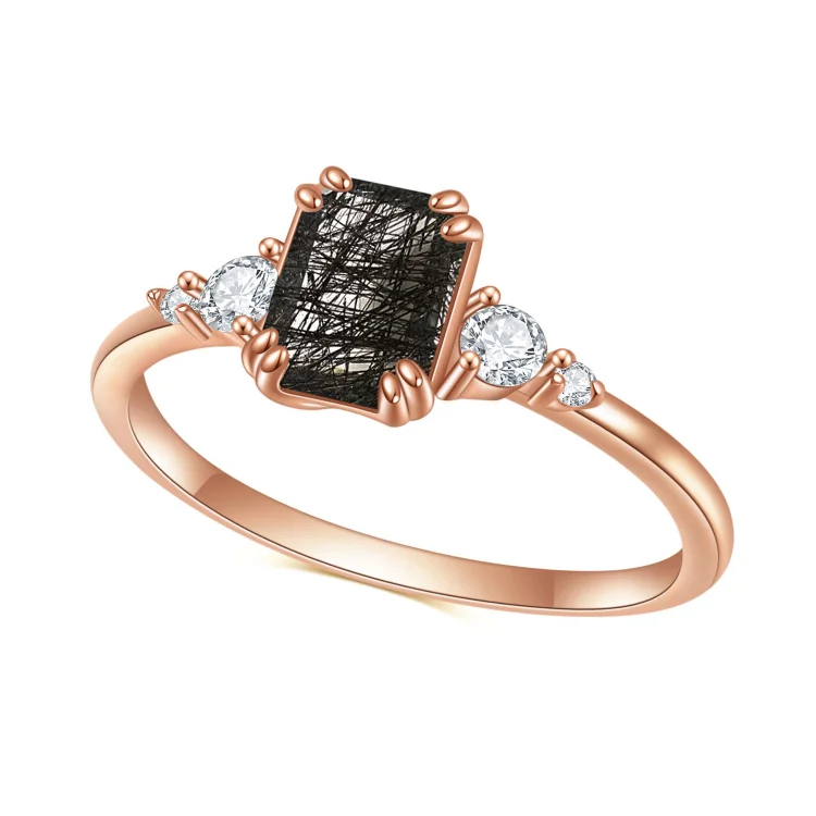 Emerald Cut Dark Black Rutilated Quartz Five Stone Engagement Ring