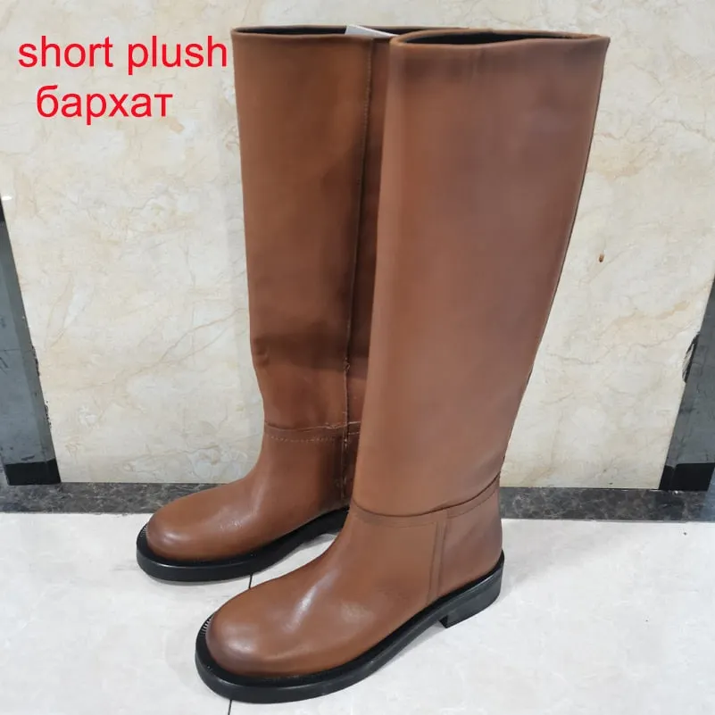 Meotina INS Women Genuine Leather Riding Boots Med Heel Round Toe Shoes Thick Heel Knee High Boots Lady Autumn Winter 42 Brown