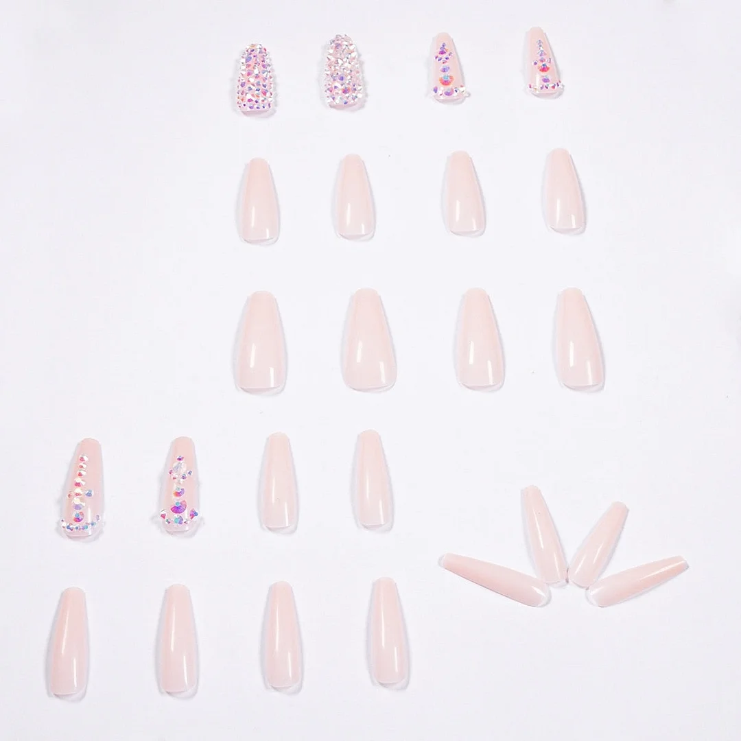 24pcs Full Diamond Long Ballet Fake Nails Full cover Fake Nails Glue DIY Manicure Nail Art Tools-Nail Inspo