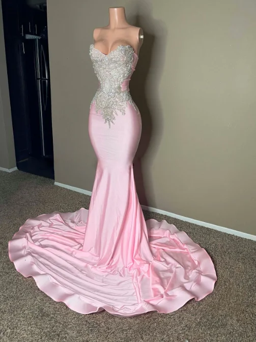 Daisda Chic Pink Strapless Sleeveless Mermaid Prom Dress with Embroidery