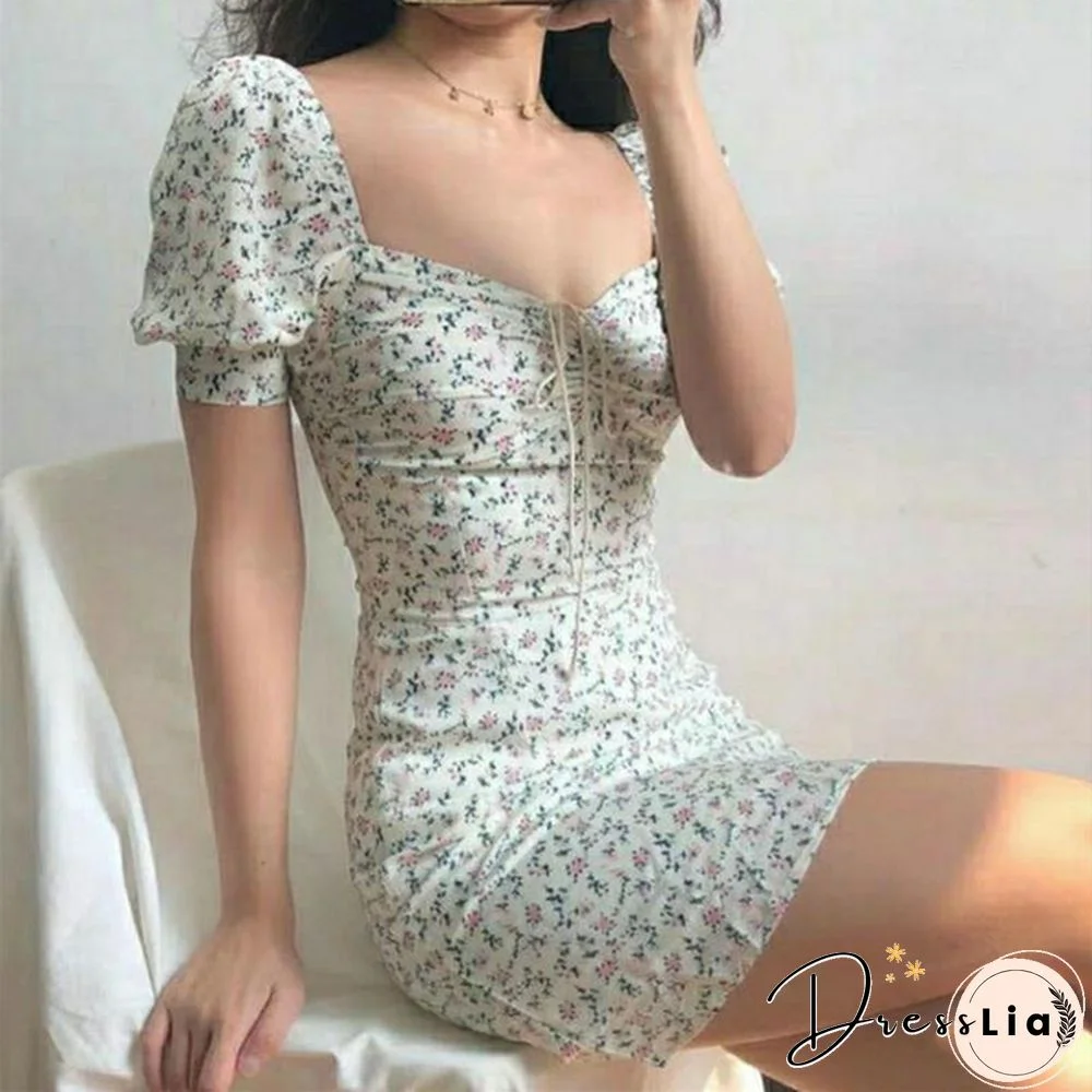 Summer Dress Retro Boho Women Tie Neck Floral Print Mini Sexy White Dress Elegant Puff Sleeve Dresses