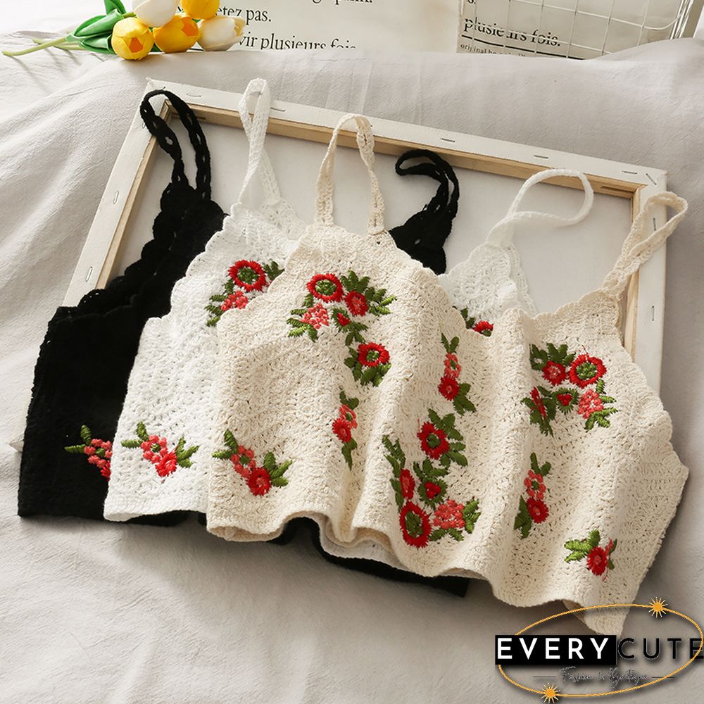 Womens Floral Embroidery Camis Crop TopSummer Cotton Crochet Sweet Tops Sleeveless Retro