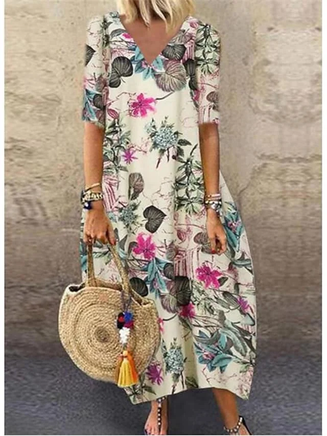 Women's Shift Dress Long Dress Maxi Dress Yellow Red Navy Blue Half Sleeve Floral Patchwork Fall Spring Autumn V Neck Loose Fit S M L XL XXL | IFYHOME