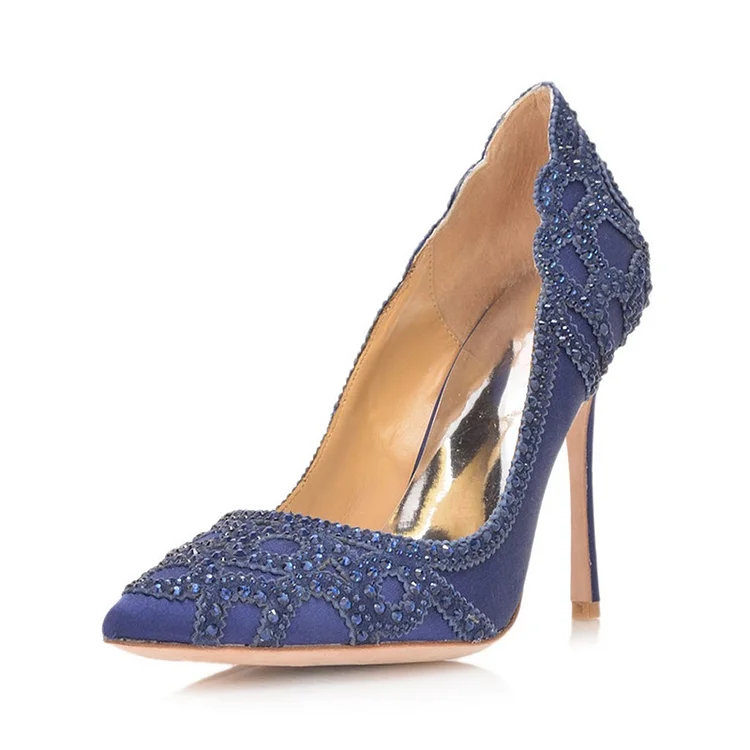 Blue Satin Pointed Toe Rhinestone Stiletto Heels Pumps for Women |FSJ Shoes