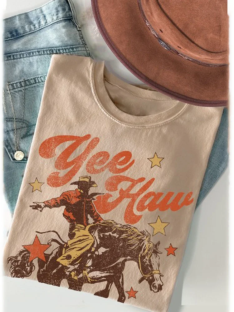 VChics Yee Haw Cowboy Print Washed Cotton T-Shirt