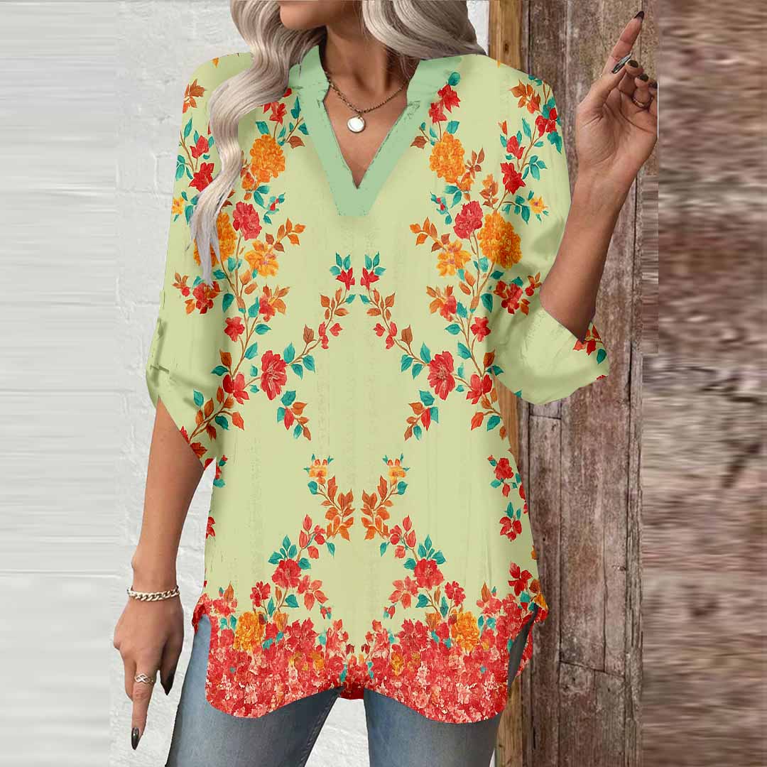 Women Floral, Green, Red DZGA0172 3/4 Sleeve V-neck Printed Graphic Button Tops