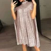 Women's Party Dress Sequin Dress Short Mini Dress Silver Gold Sleeveless Pure Color Sequins Split Spring Fall Crew Neck Party Stylish Elegant Party-KZyou
