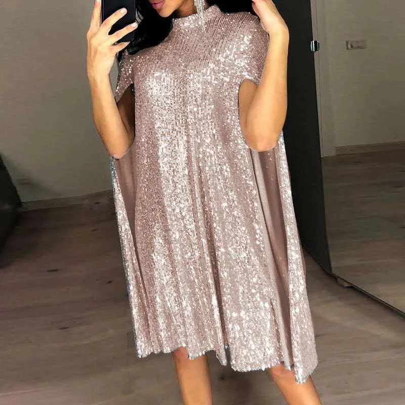 Women's Party Dress Sequin Dress Short Mini Dress Silver Gold Sleeveless Pure Color Sequins Split Spring Fall Crew Neck Party Stylish Elegant Party-Mixcun