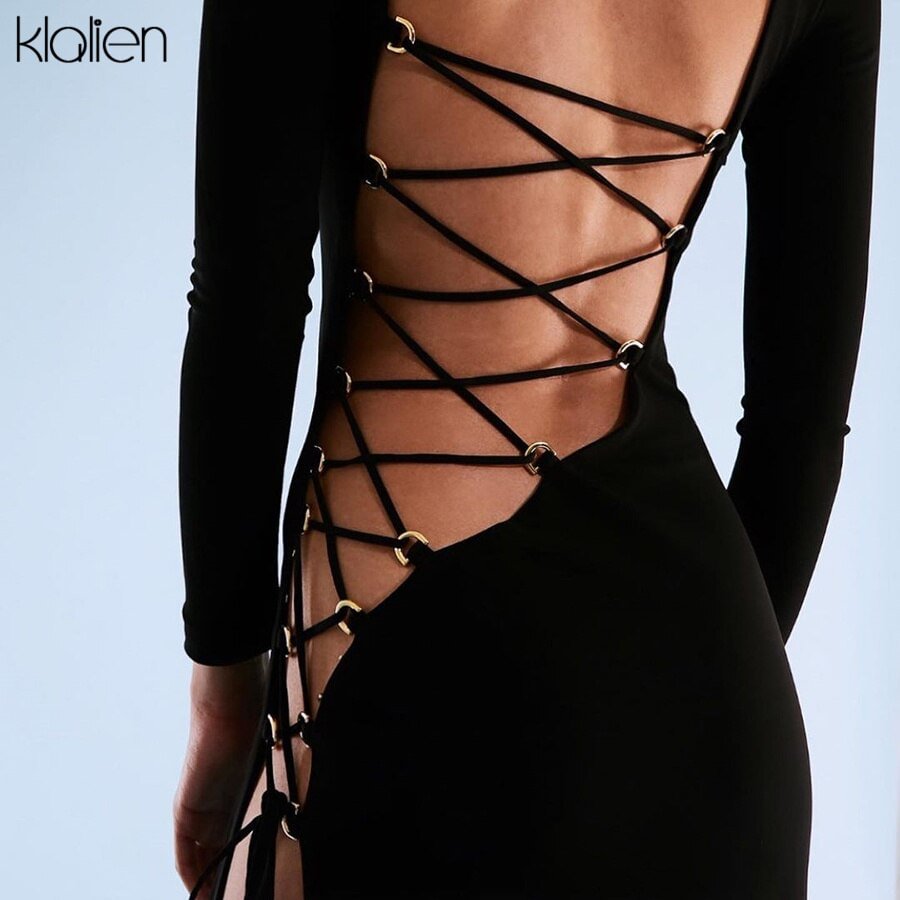 KLALIEN Fashion Sexy Hollow Out Backless Bandage Long Sleeve O Neck Leopard Maxi Dress For Women Autumn New Party Dresses Hot